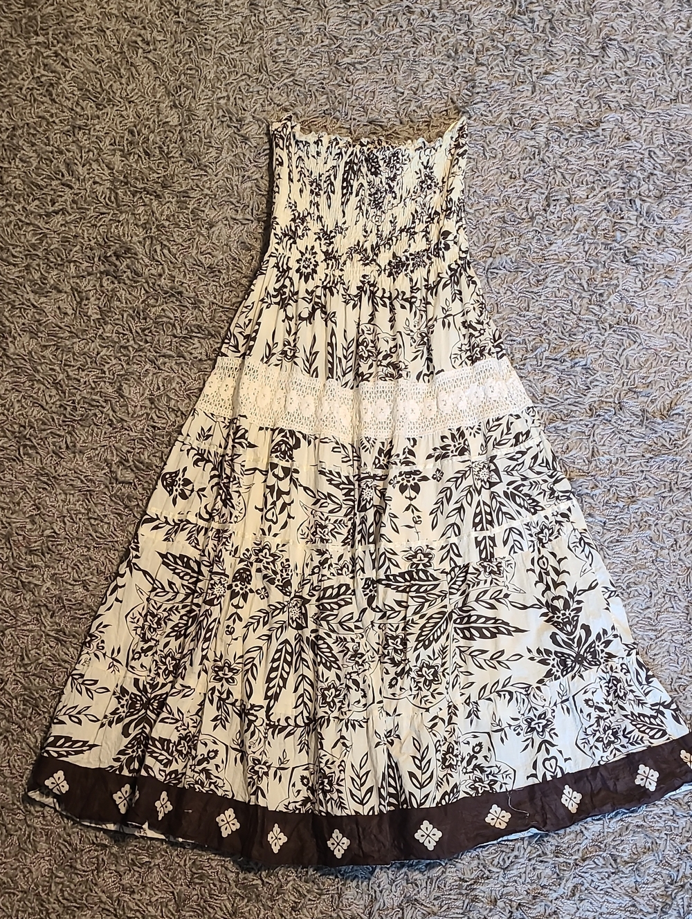 Cream Strapless Floral Shin Length Dress with Brown Print